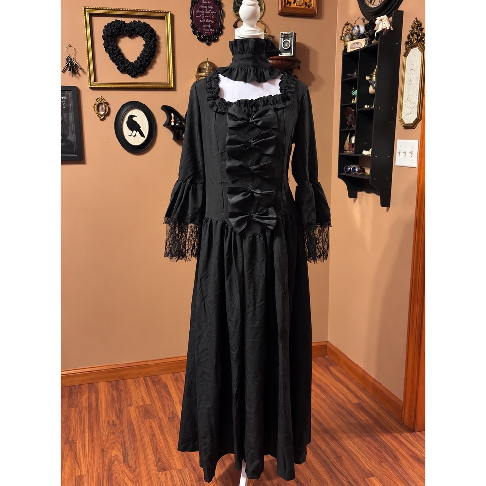 Black Gothic Victorian Maxi Dress Lace Ruffle Bow Corset Back Costume Cosplay
